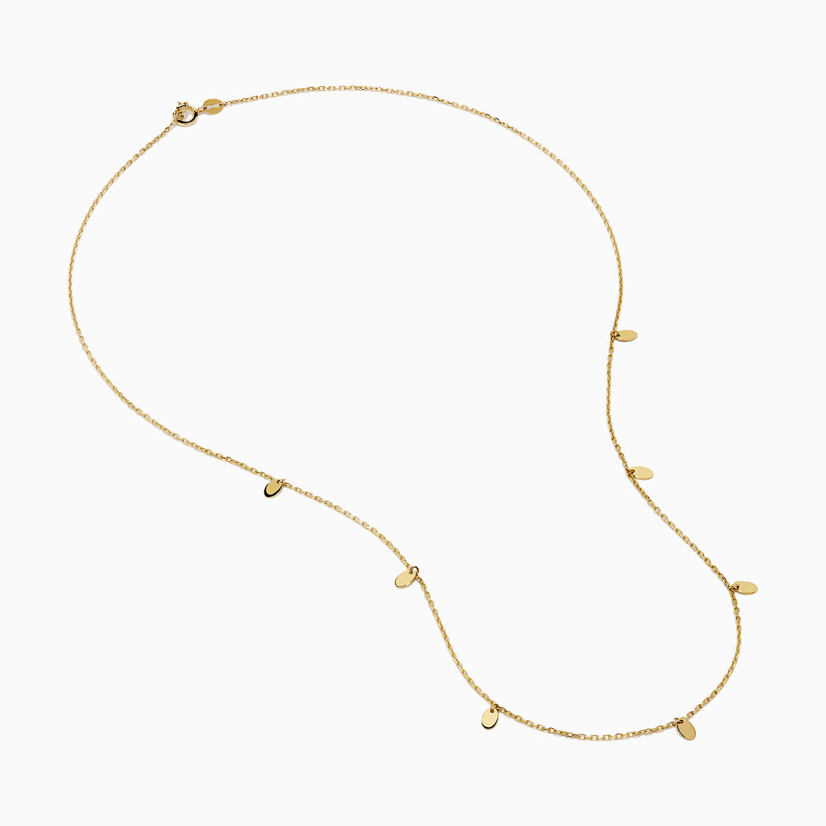 The 14K Yellow Gold Oval Charm Station Necklace features small, evenly spaced oval-shaped charms that hang gracefully along the lower half of a delicate yellow gold chain.