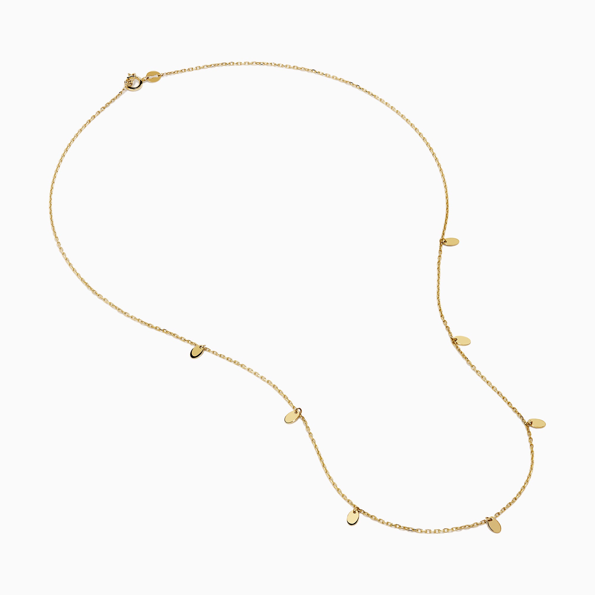 The 14K Yellow Gold Oval Charm Station Necklace features small, evenly spaced oval-shaped charms that hang gracefully along the lower half of a delicate yellow gold chain.