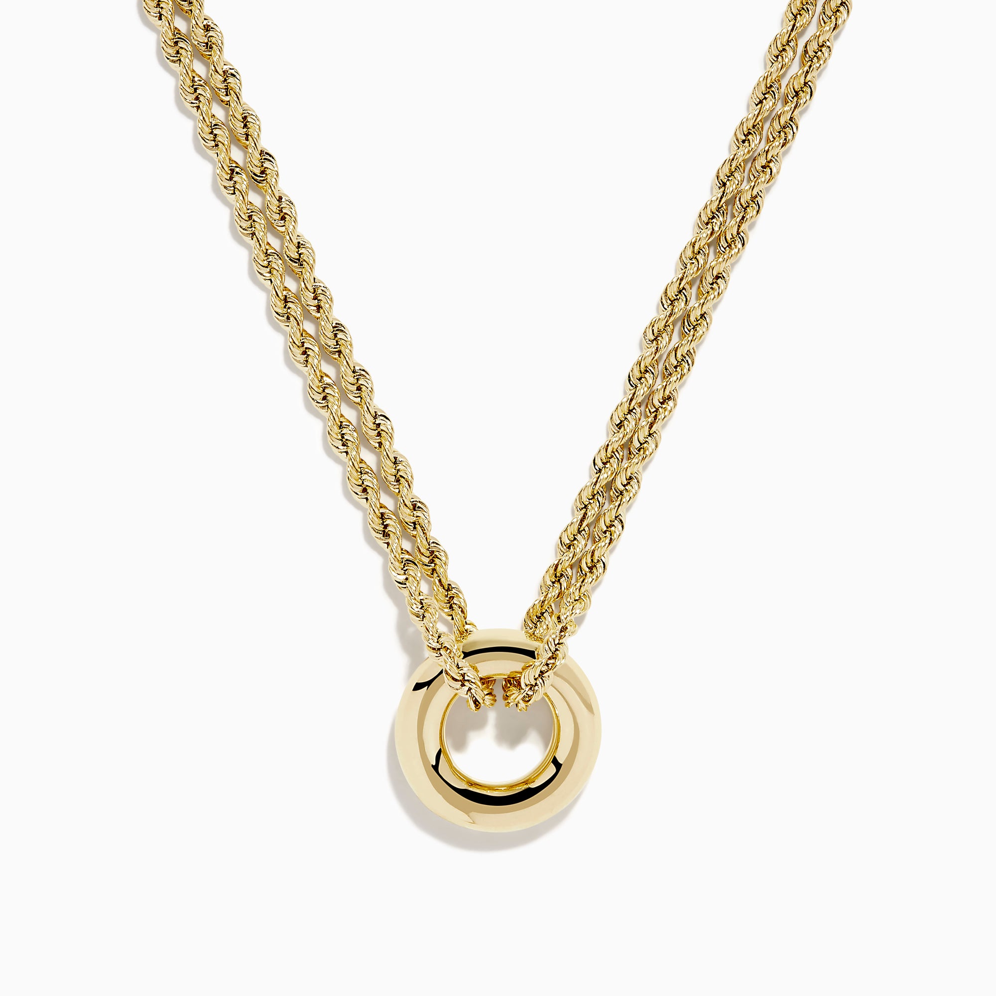 The 14K Yellow Gold Double Row Rope Chain with Round Tube Necklace is displayed against a white background.