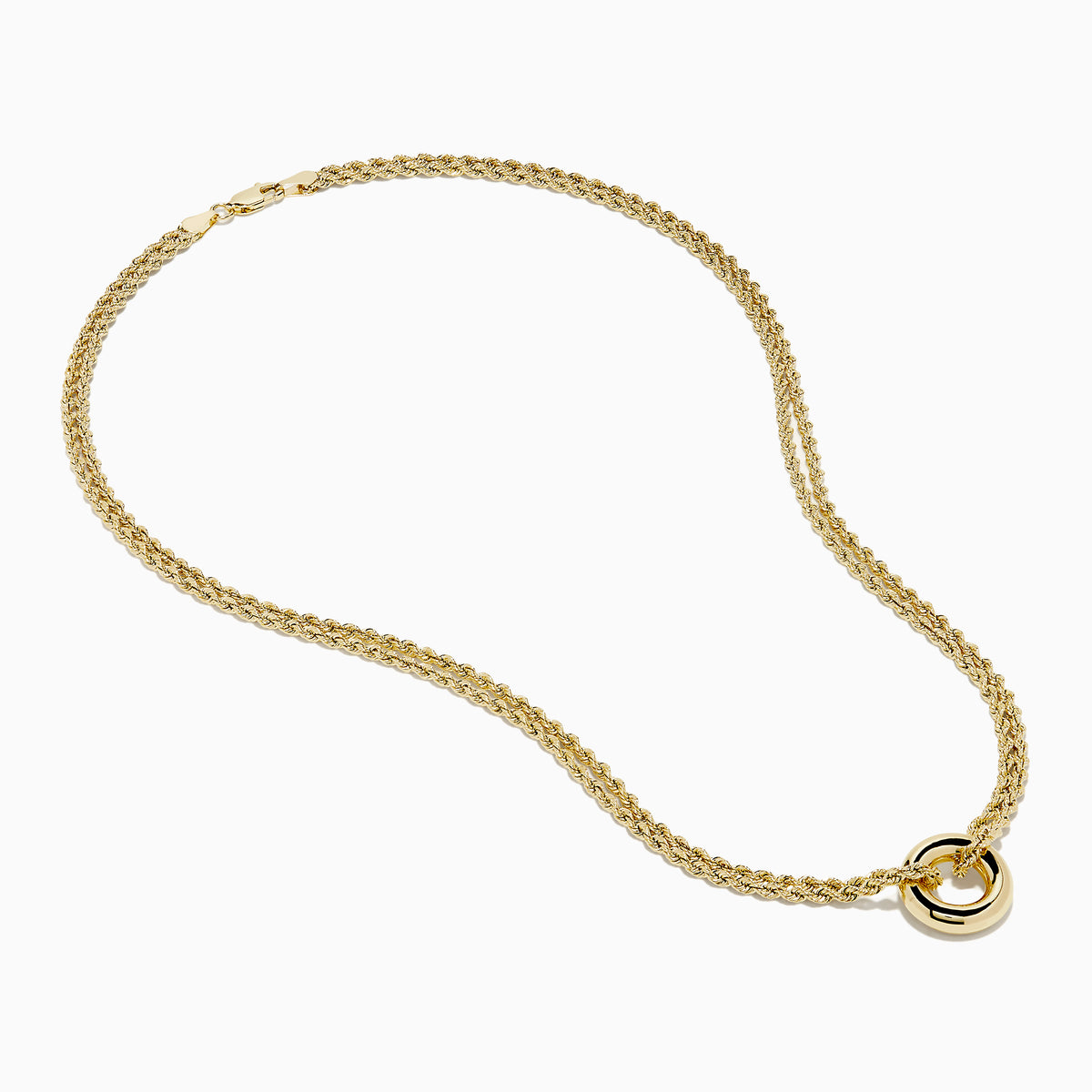 The 14K Yellow Gold Double Row Rope Chain with Round Tube Necklace is displayed against a white background.
