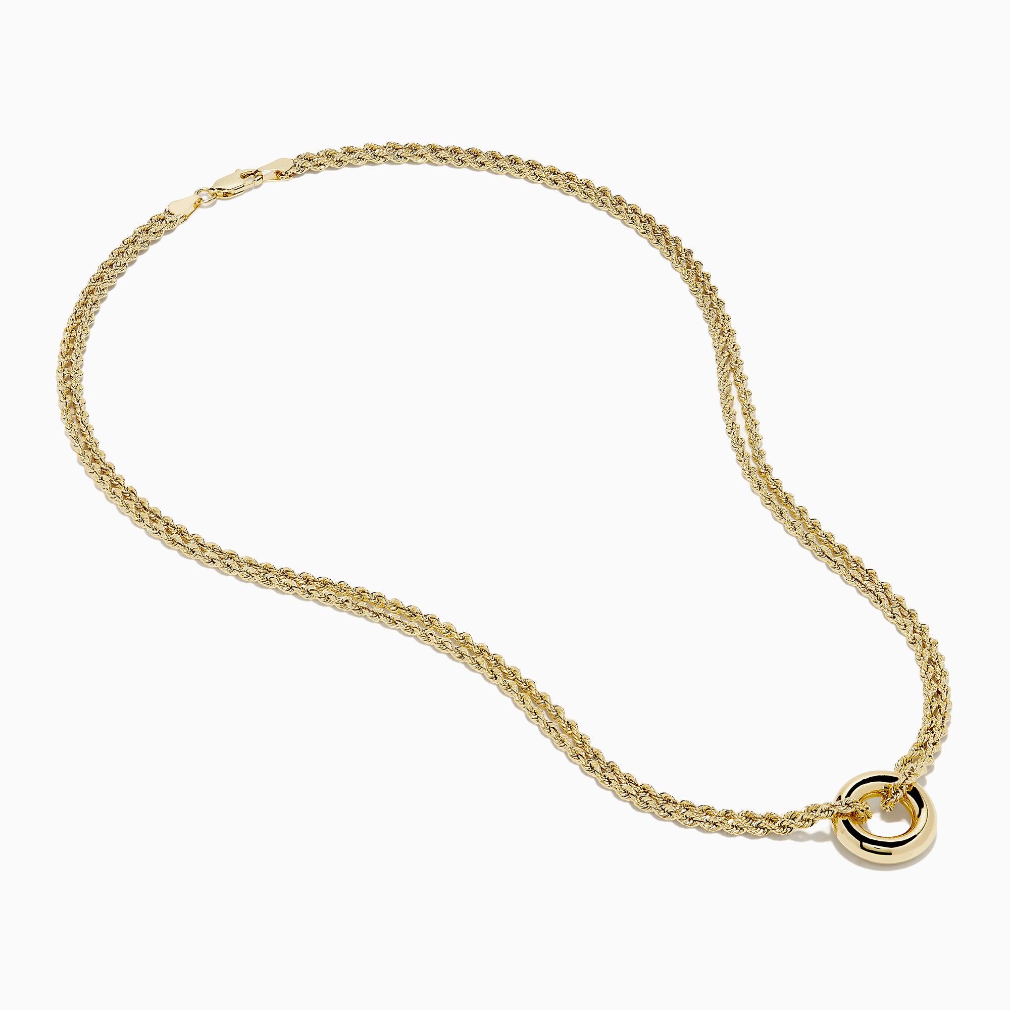 The 14K Yellow Gold Double Row Rope Chain with Round Tube Necklace is displayed against a white background.