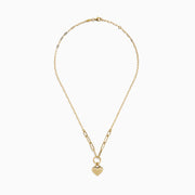 The 14K Yellow Gold Heart Love on Paperclip Chain Necklace features large links and a heart-shaped "Love" pendant hanging from a round loop.