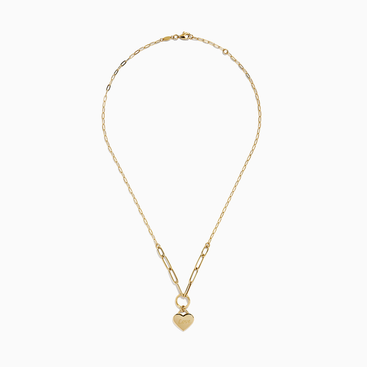 The 14K Yellow Gold Heart Love on Paperclip Chain Necklace features large links and a heart-shaped "Love" pendant hanging from a round loop.