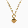 The 14K Yellow Gold Heart Love on Paperclip Chain Necklace features large links and a heart-shaped "Love" pendant hanging from a round loop.