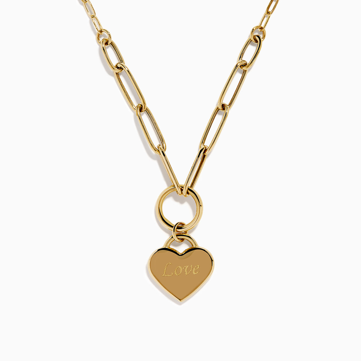 The 14K Yellow Gold Heart Love on Paperclip Chain Necklace features large links and a heart-shaped "Love" pendant hanging from a round loop.