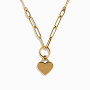 The 14K Yellow Gold Heart Love on Paperclip Chain Necklace features large links and a heart-shaped "Love" pendant hanging from a round loop.