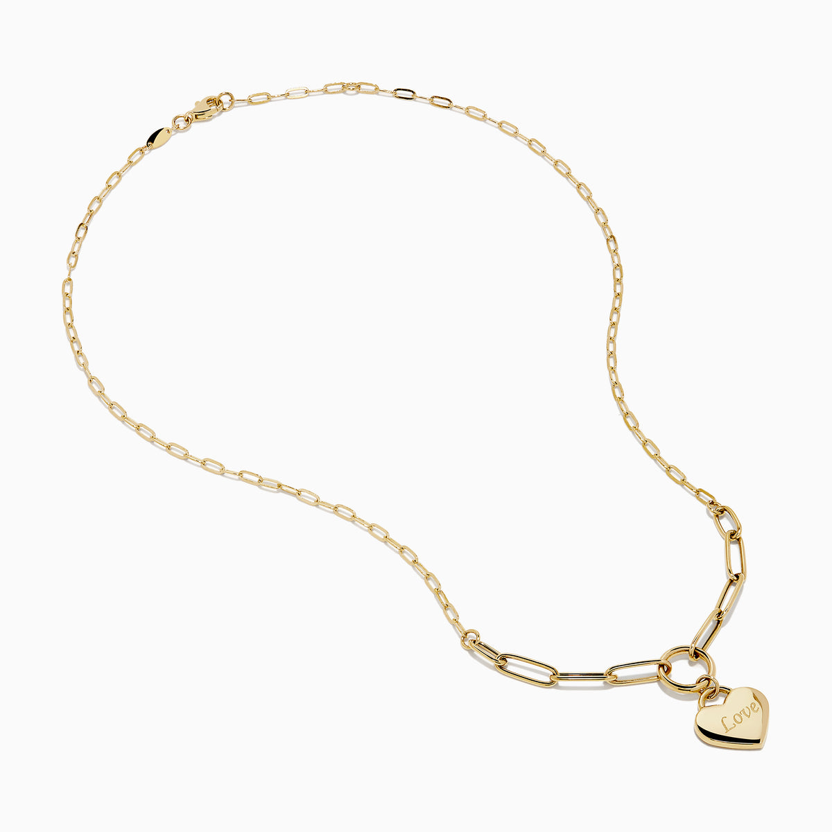 The 14K Yellow Gold Heart Love on Paperclip Chain Necklace features large links and a heart-shaped "Love" pendant hanging from a round loop.