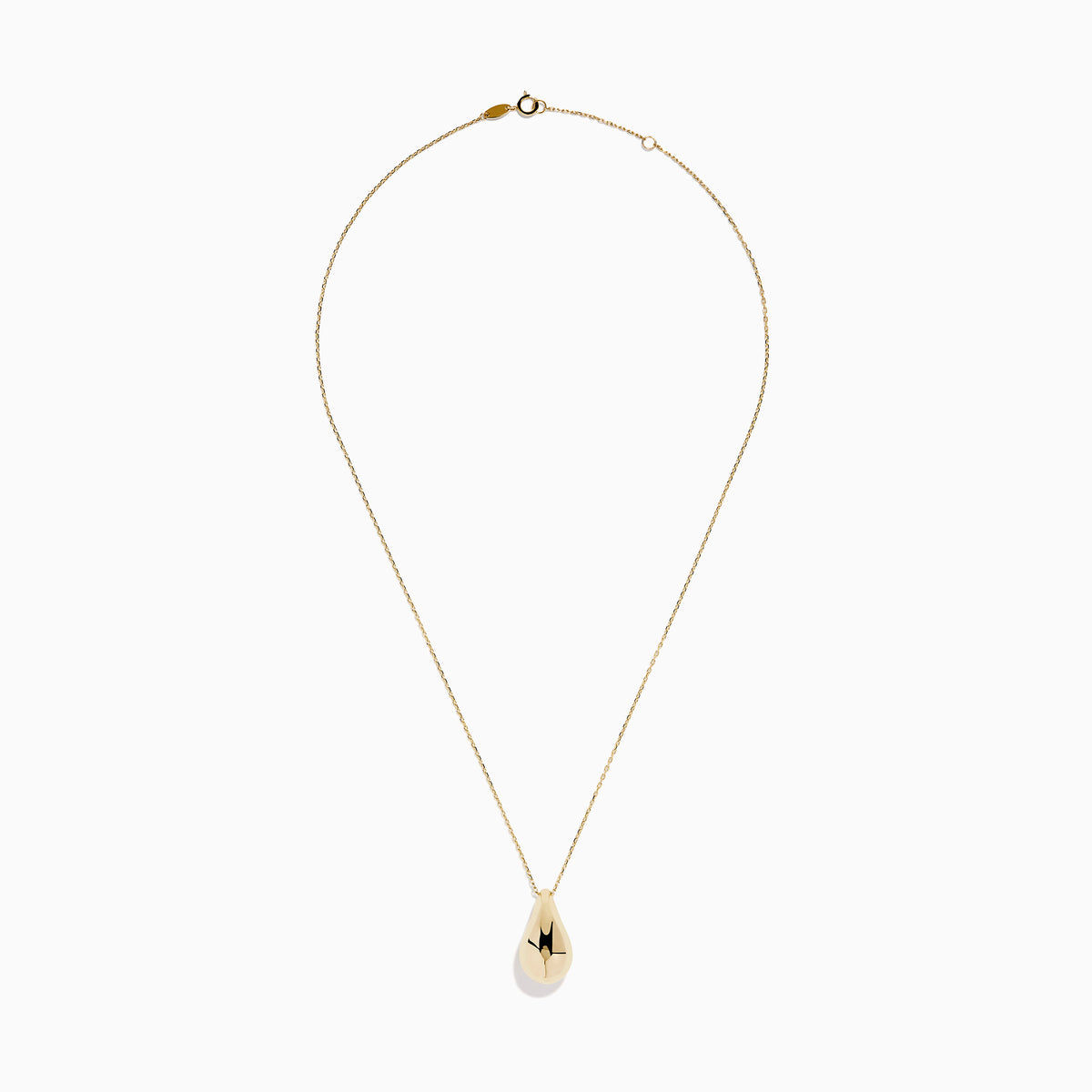 This 14 Karat Yellow Gold Polished Hollow Teardrop Pendant features a minimalist design on a forzantina chain, accented with black details on a plain white background.