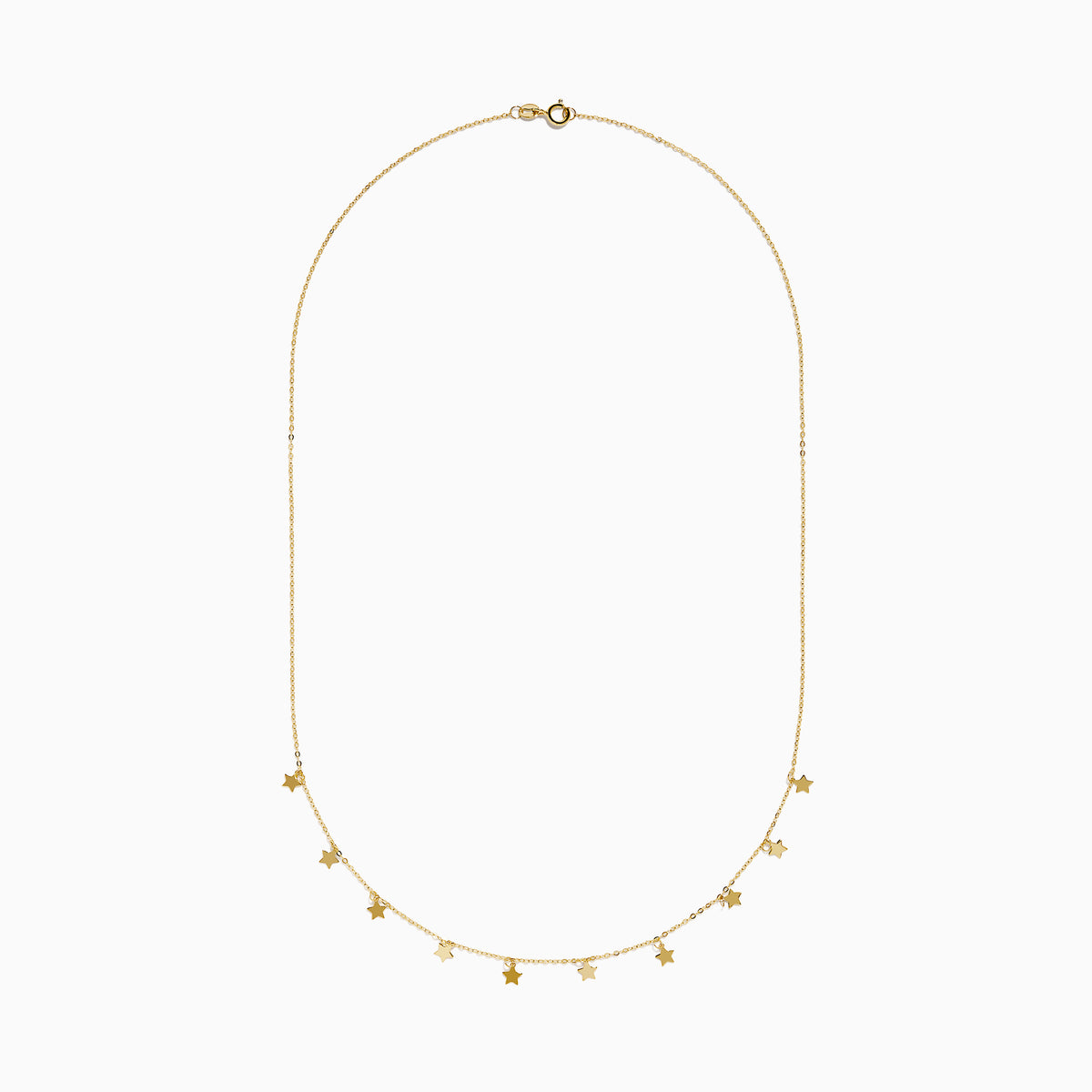 The 14K Yellow Gold Necklace with Star Charms on Chain features small stars spaced along a fine gold chain, presented on a plain white background.