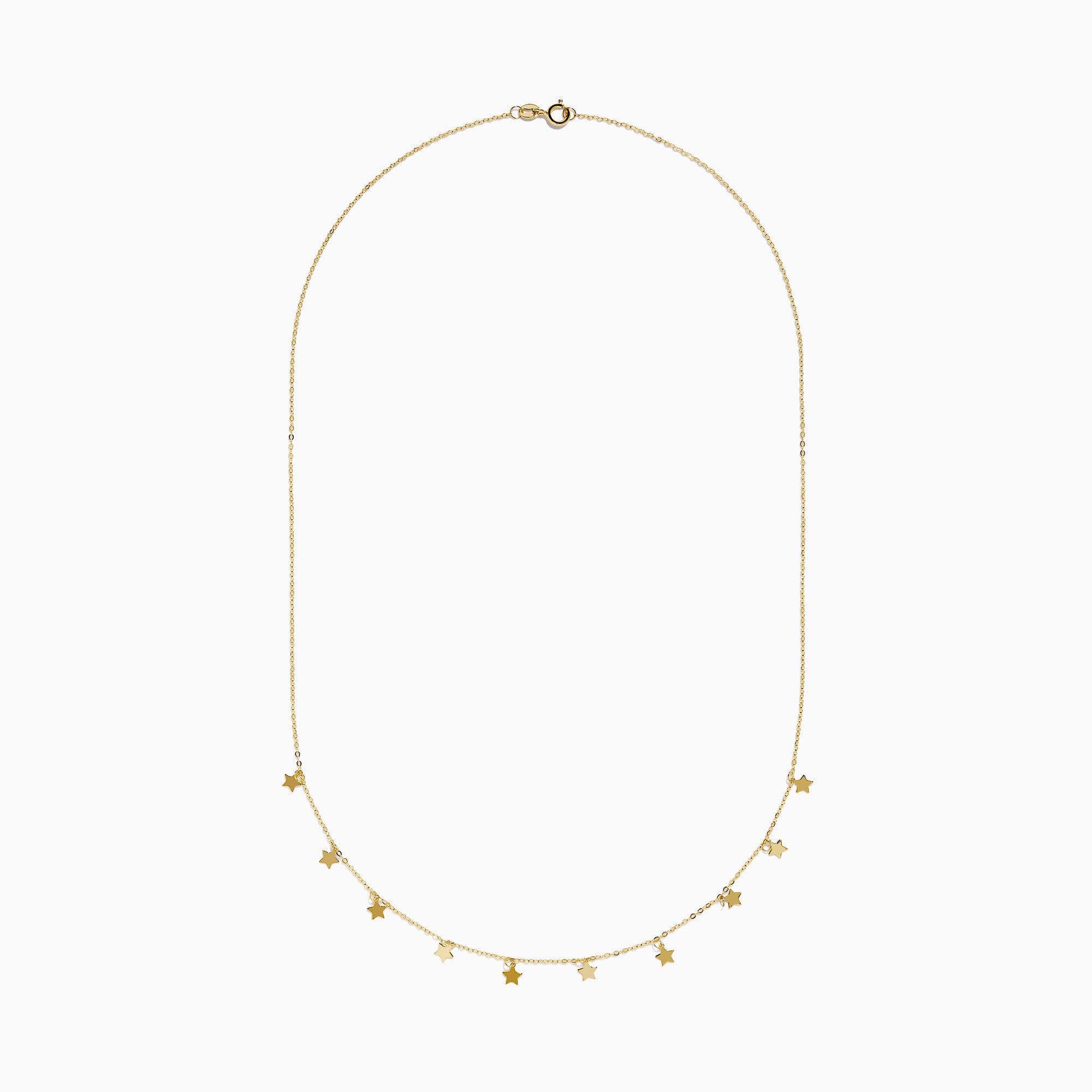 The 14K Yellow Gold Necklace with Star Charms on Chain features small stars spaced along a fine gold chain, presented on a plain white background.