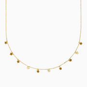 The 14K Yellow Gold Necklace with Star Charms on Chain features small stars spaced along a fine gold chain, presented on a plain white background.