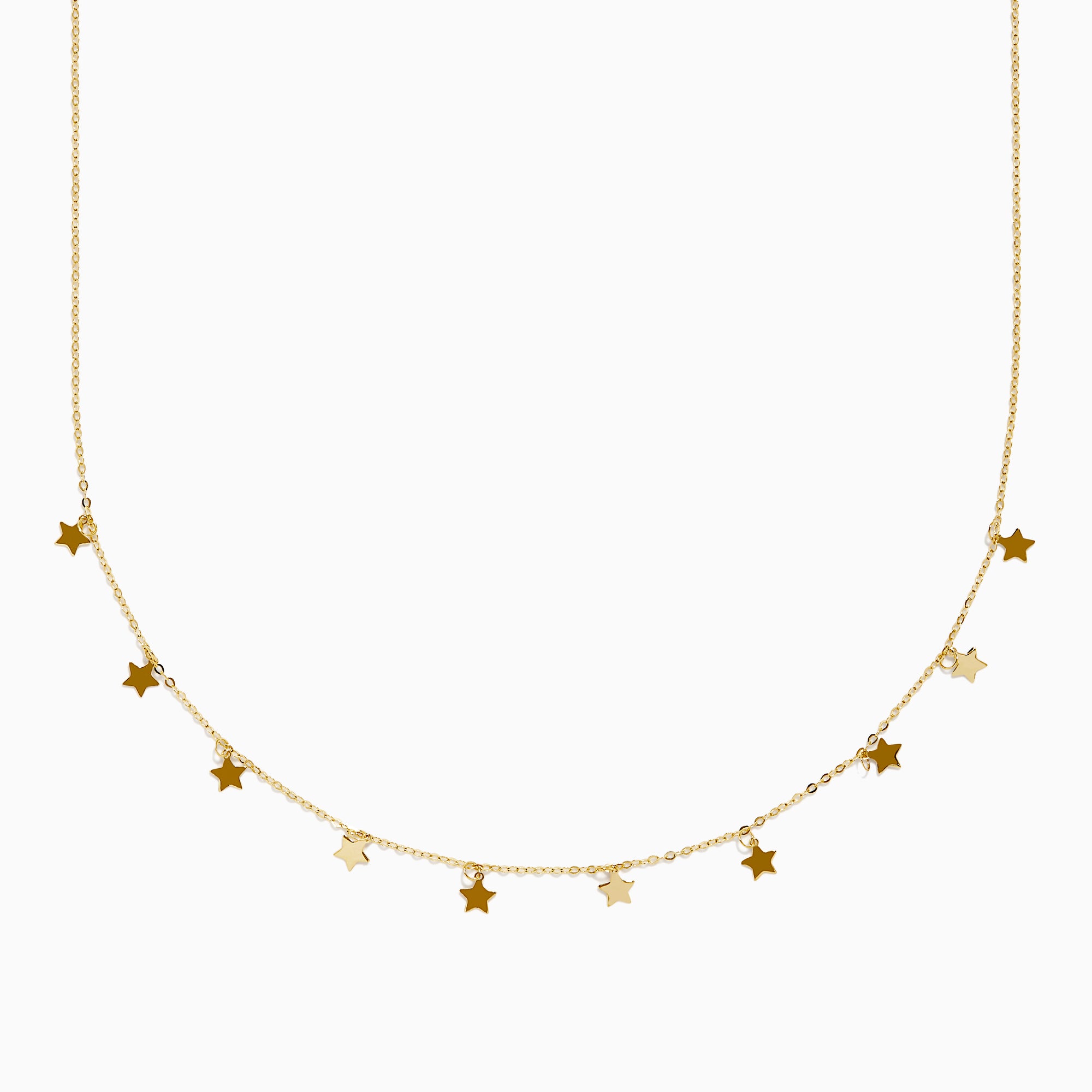 The 14K Yellow Gold Necklace with Star Charms on Chain features small stars spaced along a fine gold chain, presented on a plain white background.