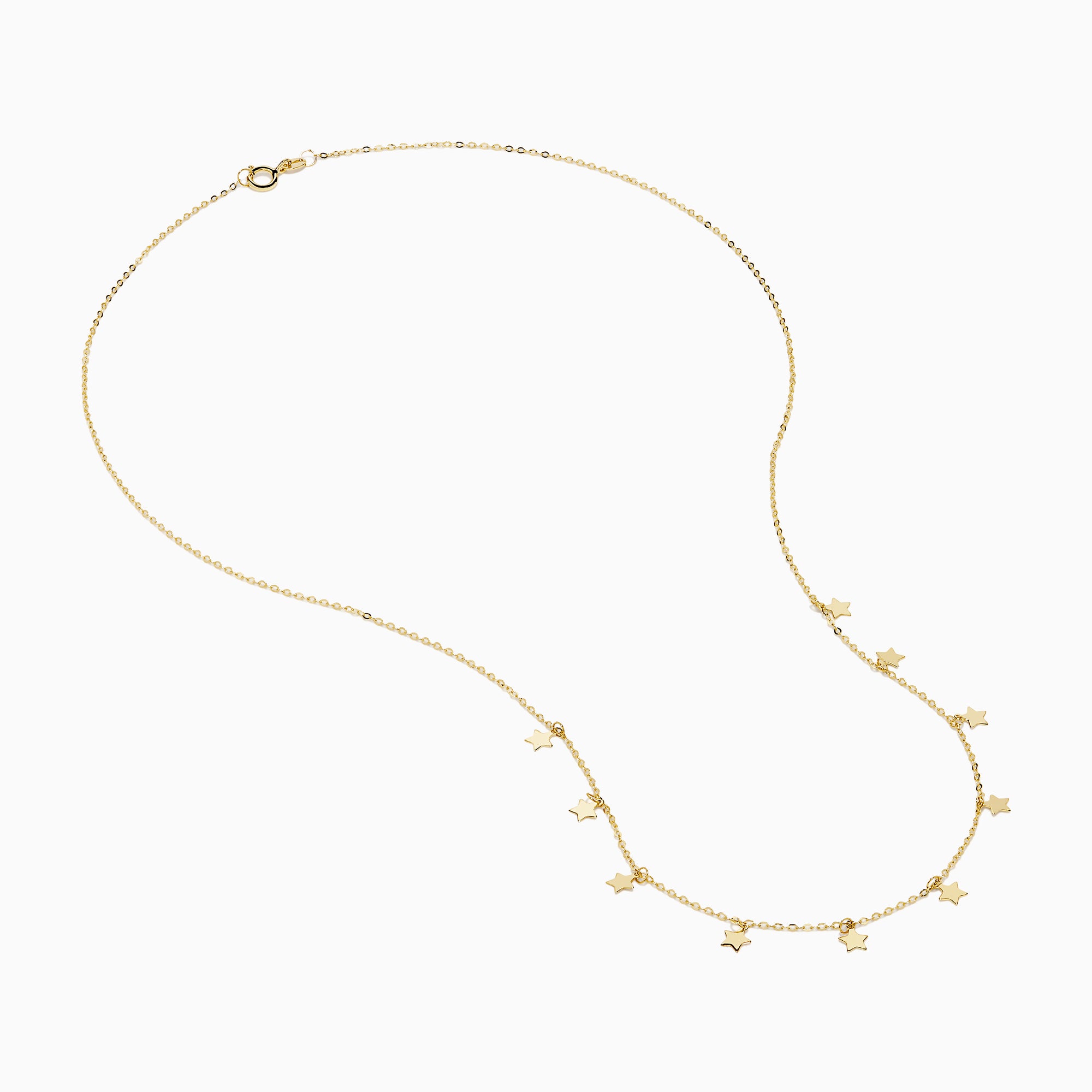 The 14K Yellow Gold Necklace with Star Charms on Chain features a fine gold chain with small star charms evenly spaced along the lower half and is secured with a simple lobster clasp.