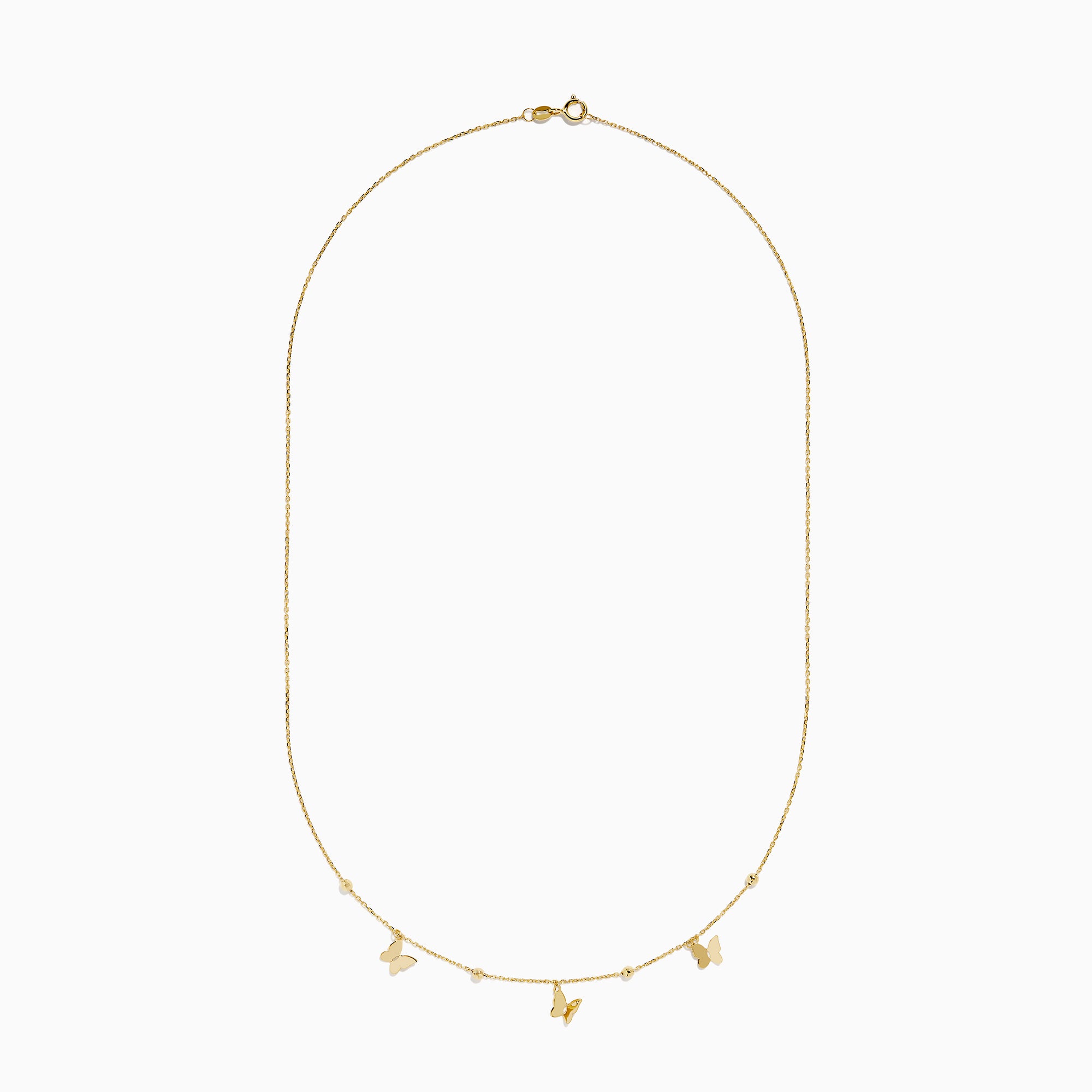 The 14K Yellow Gold Butterfly Station Necklace features three butterfly charms and four round beads evenly spaced along a delicate chain.