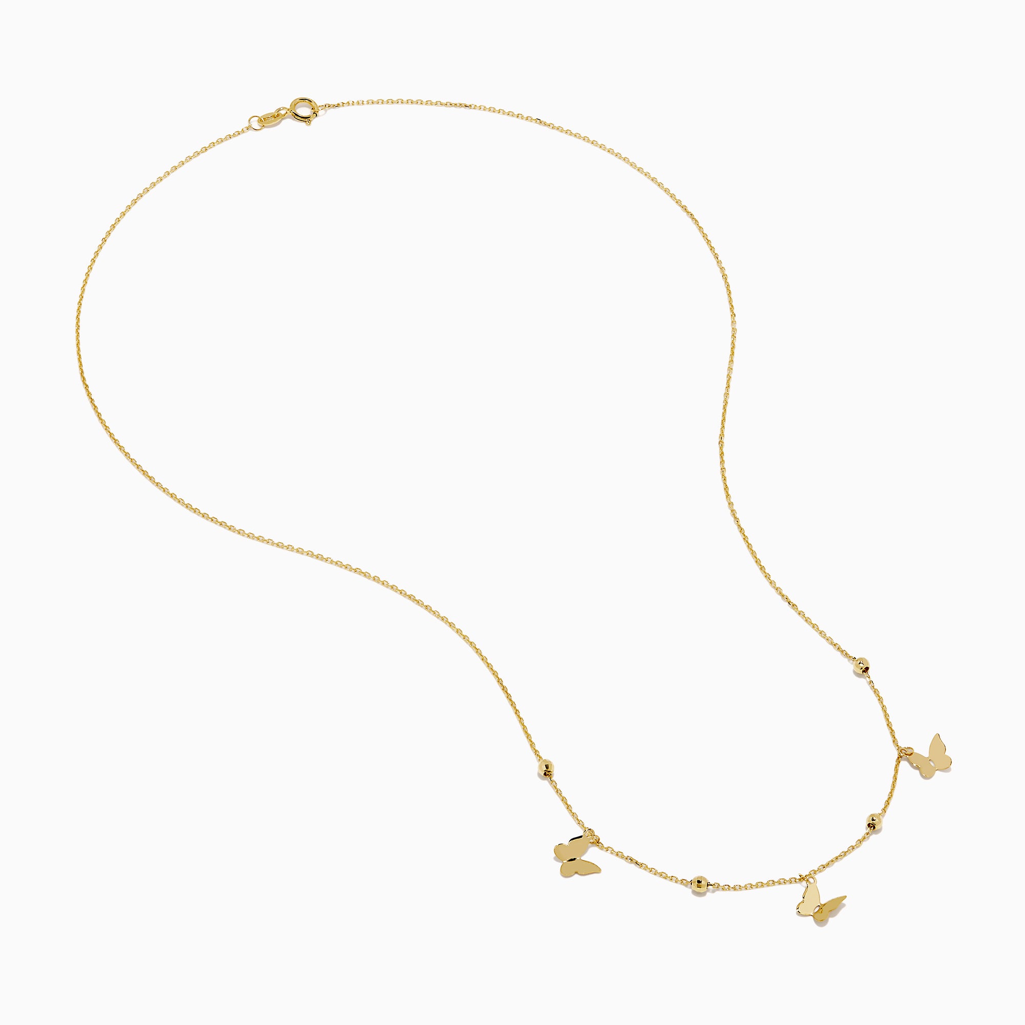 The 14K Yellow Gold Butterfly Station Necklace features three butterfly charms and four round beads evenly spaced along a delicate chain.
