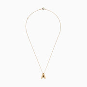 The 14K Yellow Gold Initial A Bubble Pendant is a gold chain necklace with a polished A pendant, shown on a plain white background.