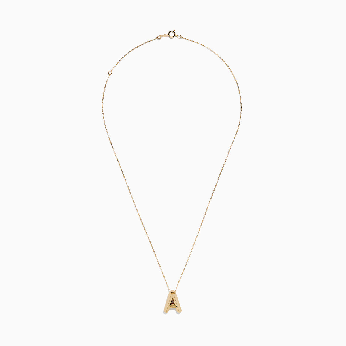 The 14K Yellow Gold Initial A Bubble Pendant is a gold chain necklace with a polished A pendant, shown on a plain white background.
