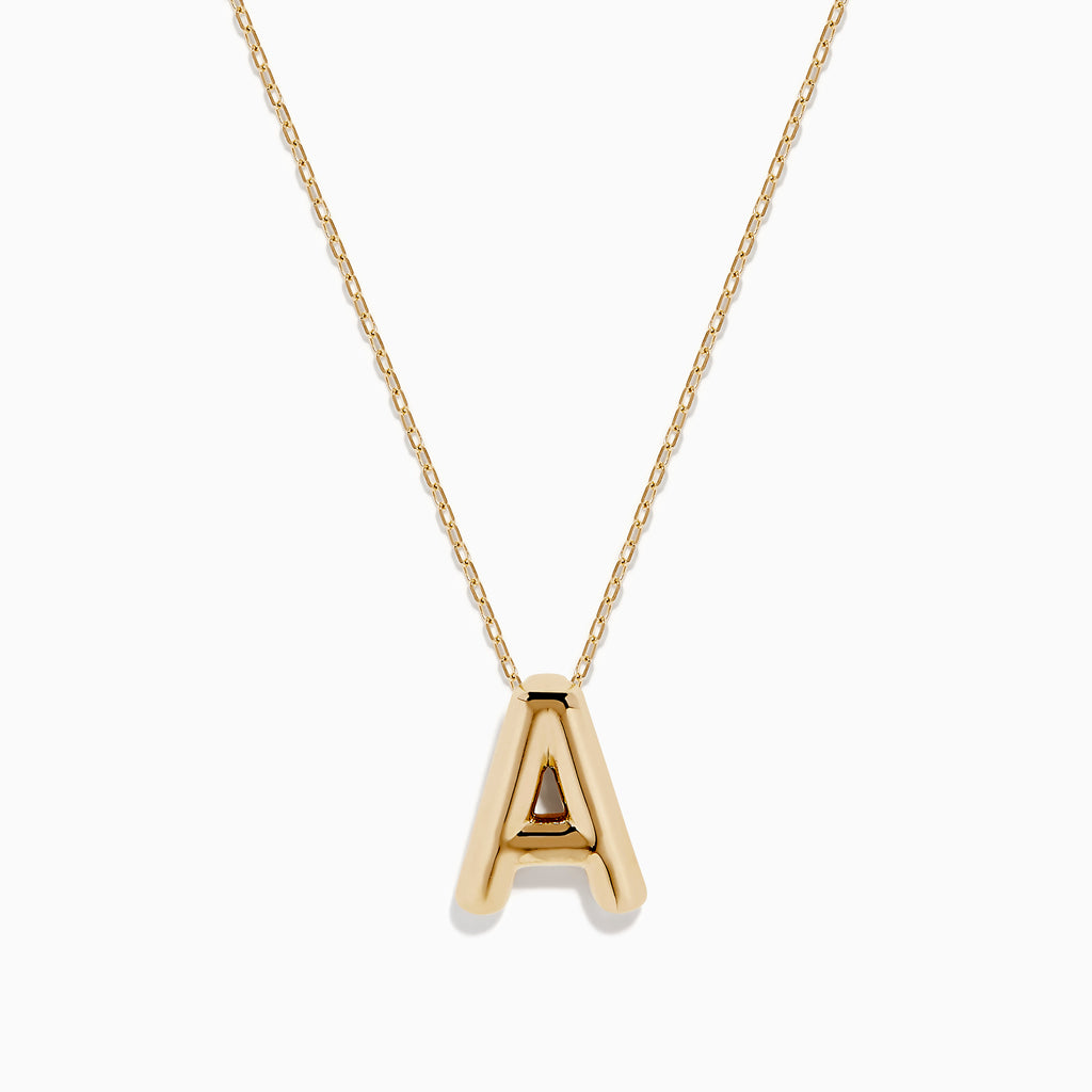 The 14K Yellow Gold Initial A Bubble Pendant is a gold chain necklace with a polished A pendant, shown on a plain white background.