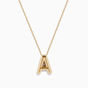 The 14K Yellow Gold Initial A Bubble Pendant is a gold chain necklace with a polished A pendant, shown on a plain white background.