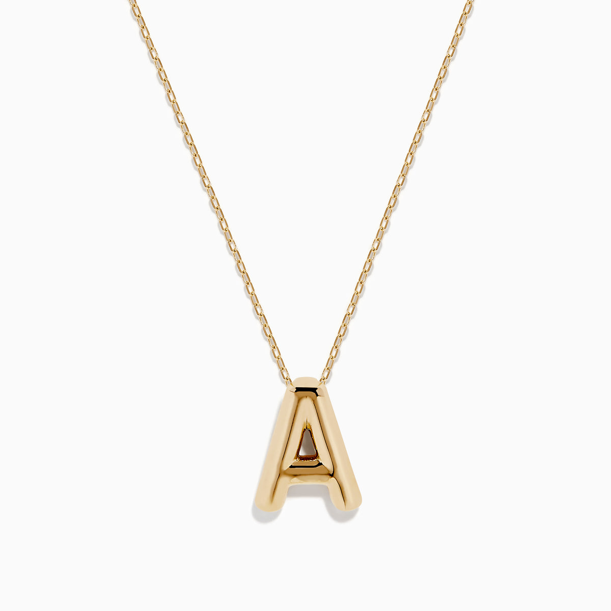 The 14K Yellow Gold Initial A Bubble Pendant is a gold chain necklace with a polished A pendant, shown on a plain white background.