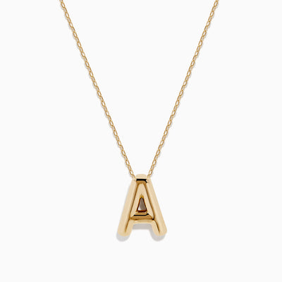 The 14K Yellow Gold Initial A Bubble Pendant is a gold chain necklace with a polished A pendant, shown on a plain white background.