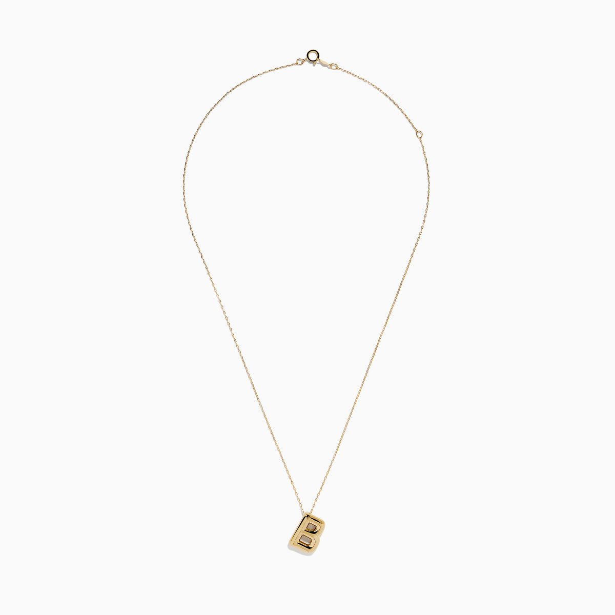 The 14K Yellow Gold Initial B Bubble Pendant shines on a delicate gold chain, displayed against a white background.