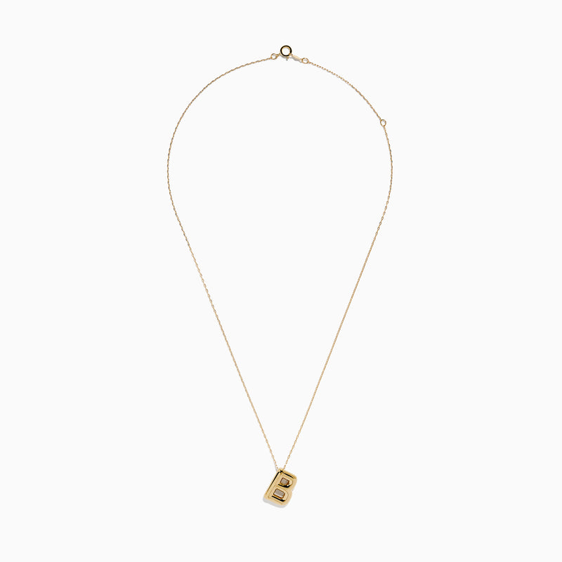 The 14K Yellow Gold Initial B Bubble Pendant shines on a delicate gold chain, displayed against a white background.