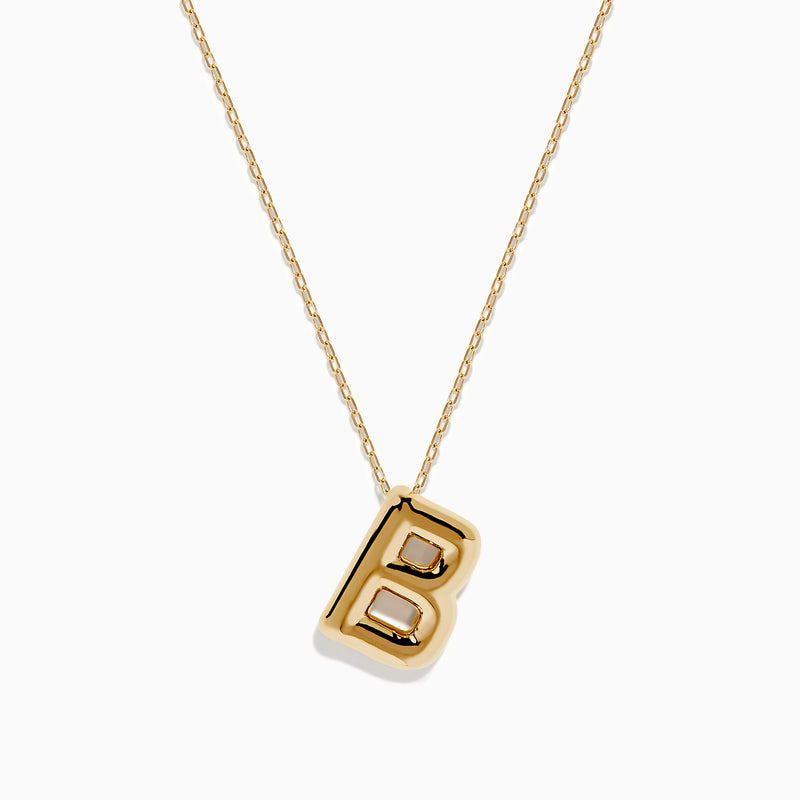 The 14K Yellow Gold Initial B Bubble Pendant shines on a delicate gold chain, displayed against a white background.