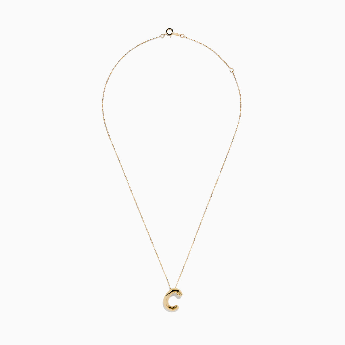 A 14K Yellow Gold Initial C Bubble Pendant displayed on a gold chain necklace against a plain white background.