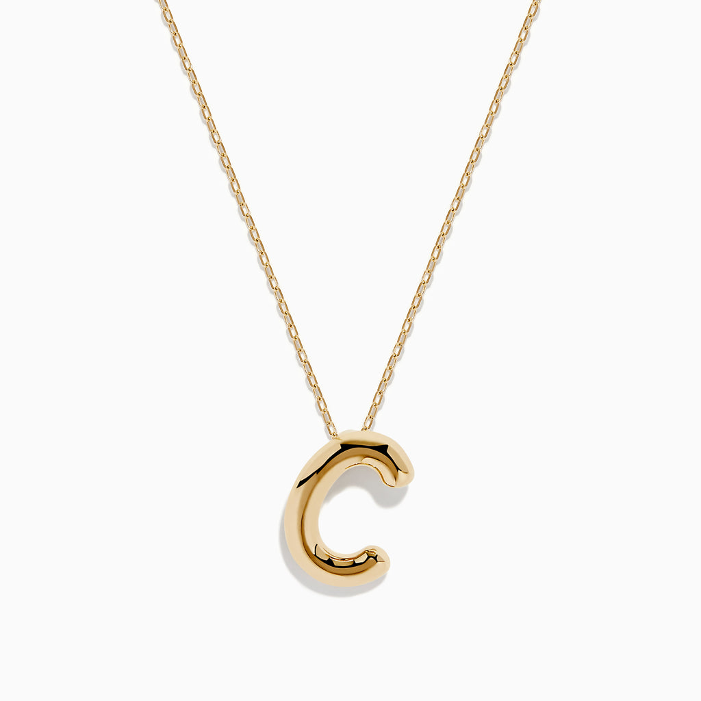 A 14K Yellow Gold Initial C Bubble Pendant displayed on a gold chain necklace against a plain white background.