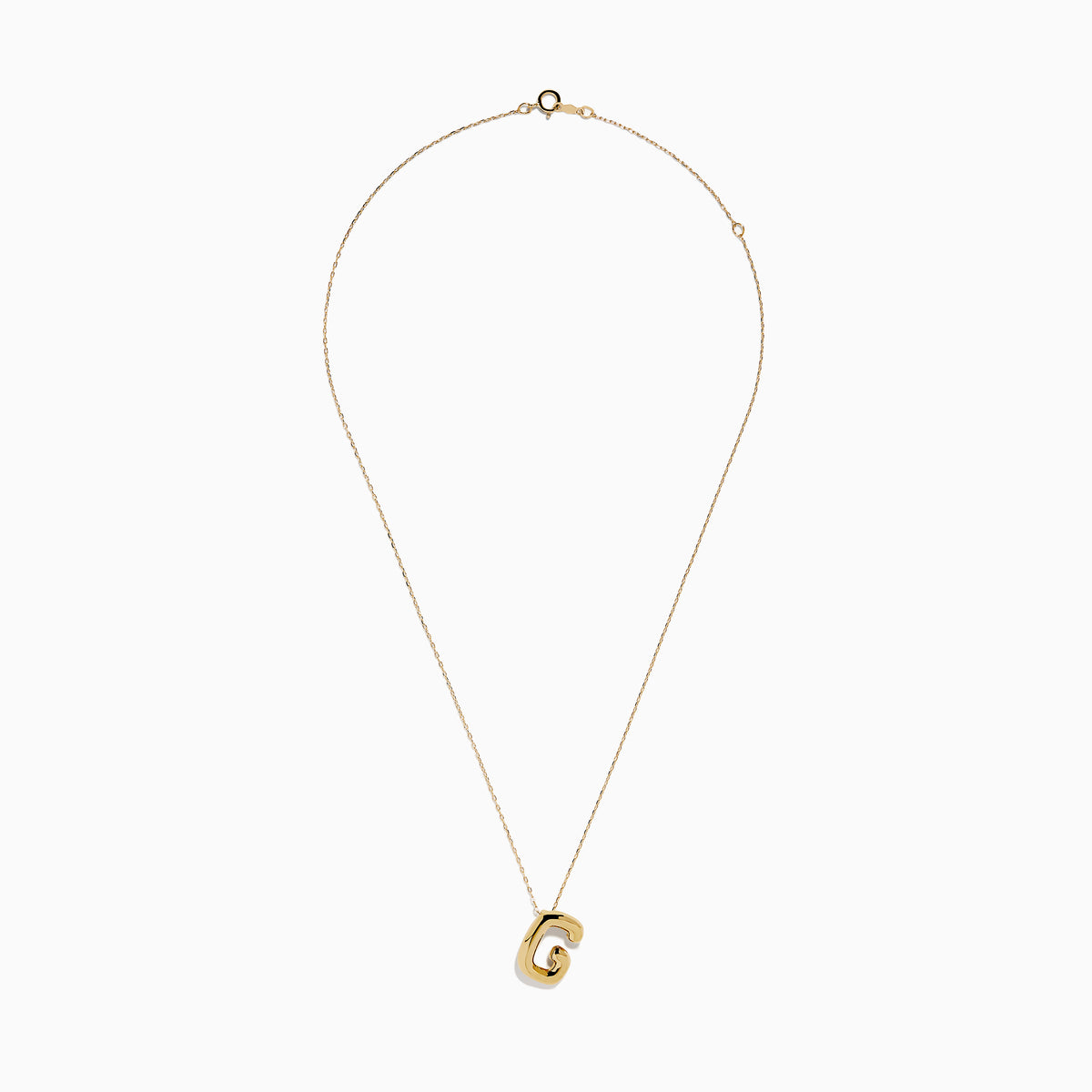 The 14K Yellow Gold Initial G Bubble Pendant is showcased on a delicate chain against a plain white background.