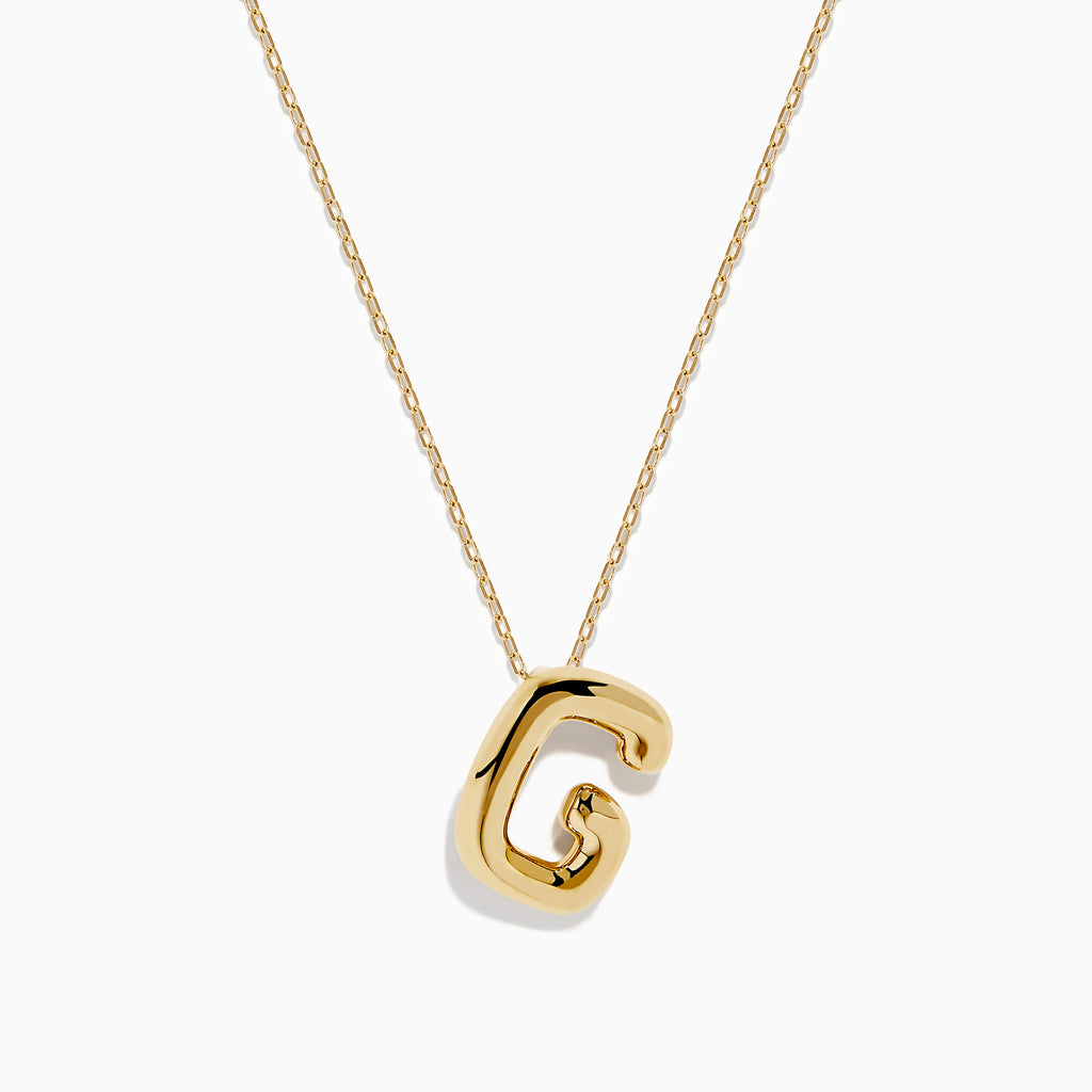 The 14K Yellow Gold Initial G Bubble Pendant is showcased on a delicate chain against a plain white background.