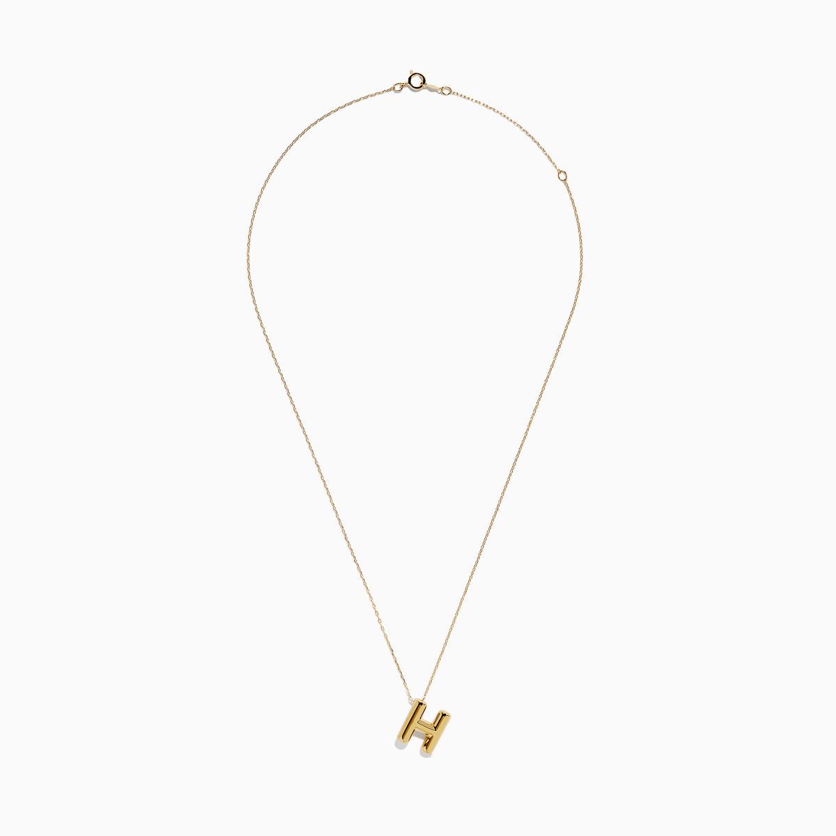 The 14K Yellow Gold Initial H Bubble Pendant features a delicate chain and a polished, shiny H pendant that stands out beautifully against any background.