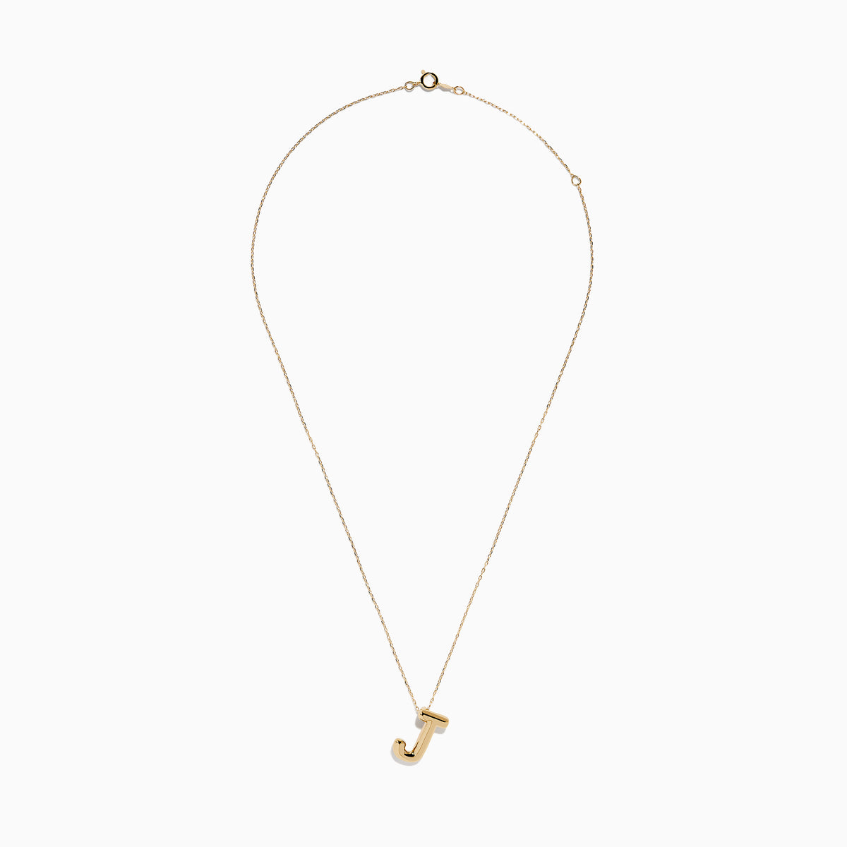 A 14K yellow gold Initial J Bubble Pendant with a delicate chain shown against a plain white background.