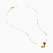 A 14K yellow gold Initial J Bubble Pendant with a delicate chain shown against a plain white background.