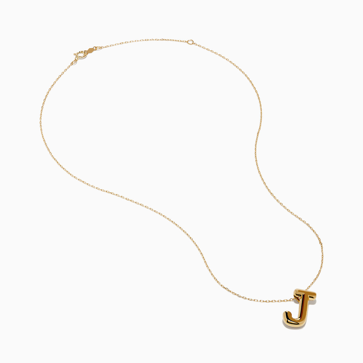 A 14K yellow gold Initial J Bubble Pendant with a delicate chain shown against a plain white background.