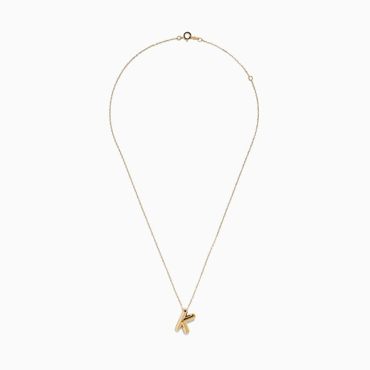 The 14K Yellow Gold Initial K Bubble Pendant features a bubble design initial on a delicate chain, shown against a plain white background.