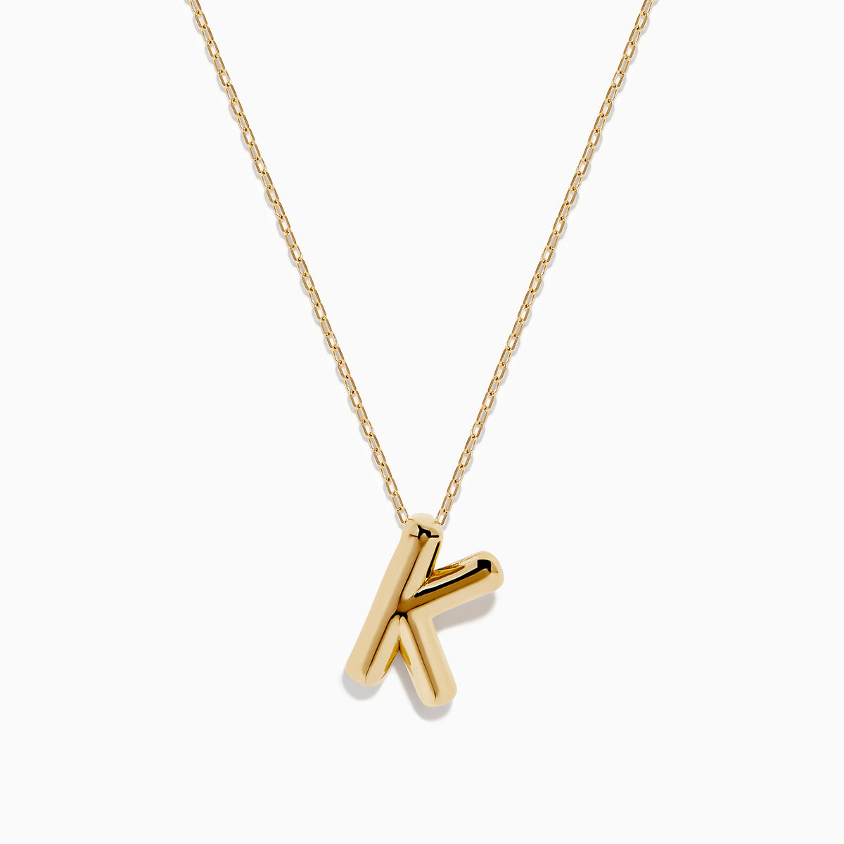 The 14K Yellow Gold Initial K Bubble Pendant features a bubble design initial on a delicate chain, shown against a plain white background.