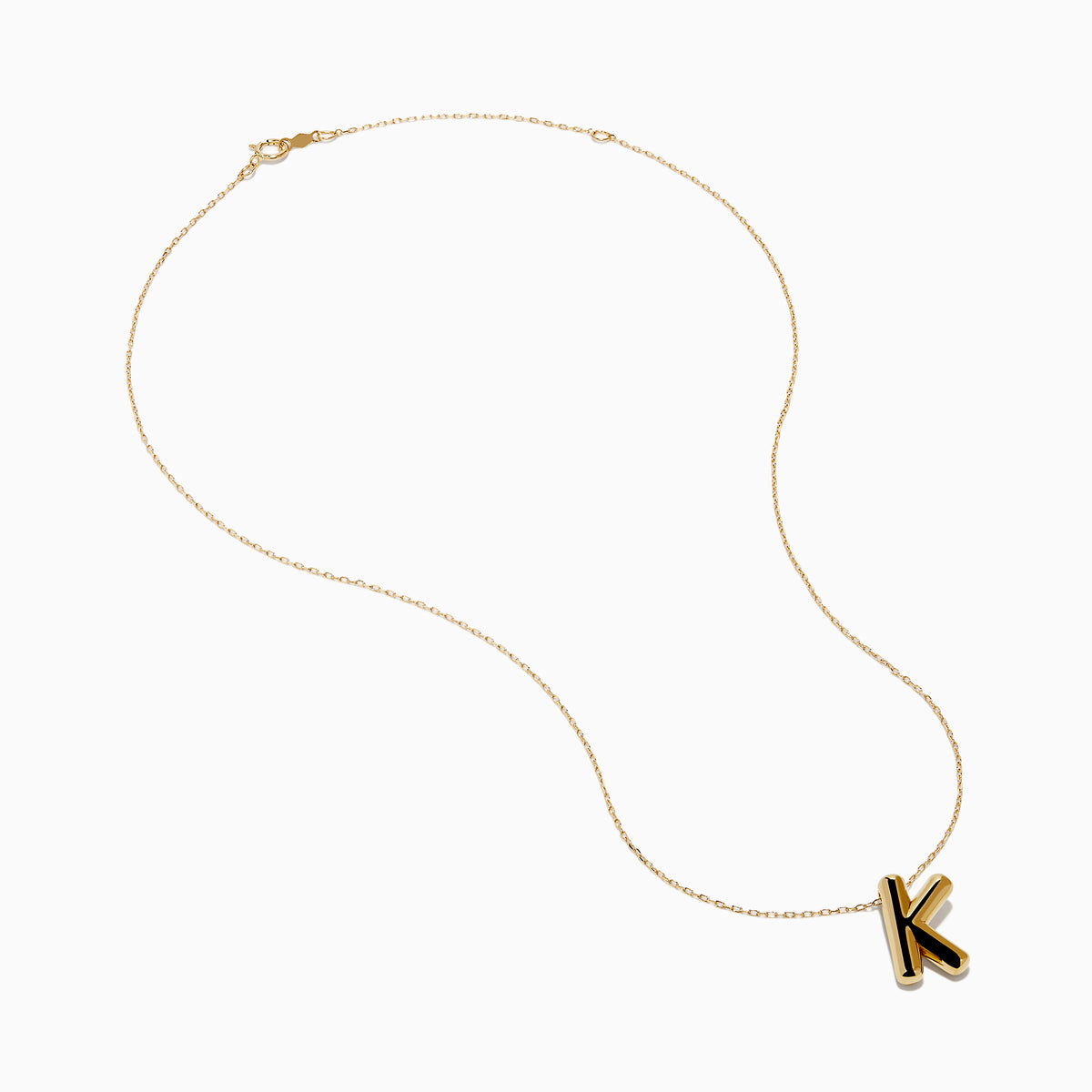 The 14K Yellow Gold Initial K Bubble Pendant features a bubble design initial on a delicate chain, shown against a plain white background.