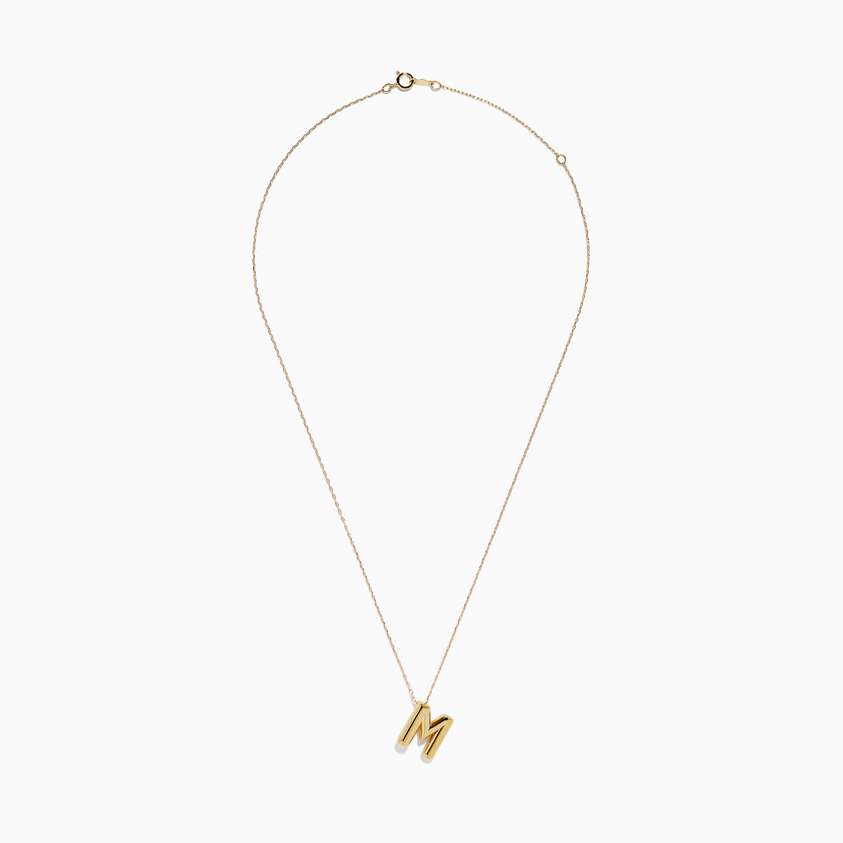 The 14K Yellow Gold Initial M Bubble Pendant is displayed on a thin chain against a plain white background.