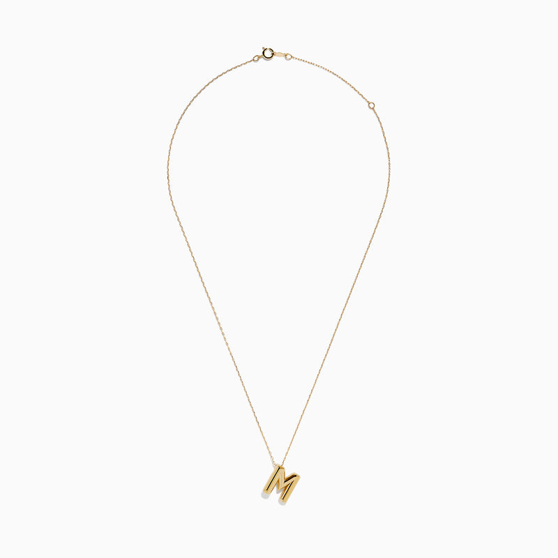 The 14K Yellow Gold Initial M Bubble Pendant is displayed on a thin chain against a plain white background.