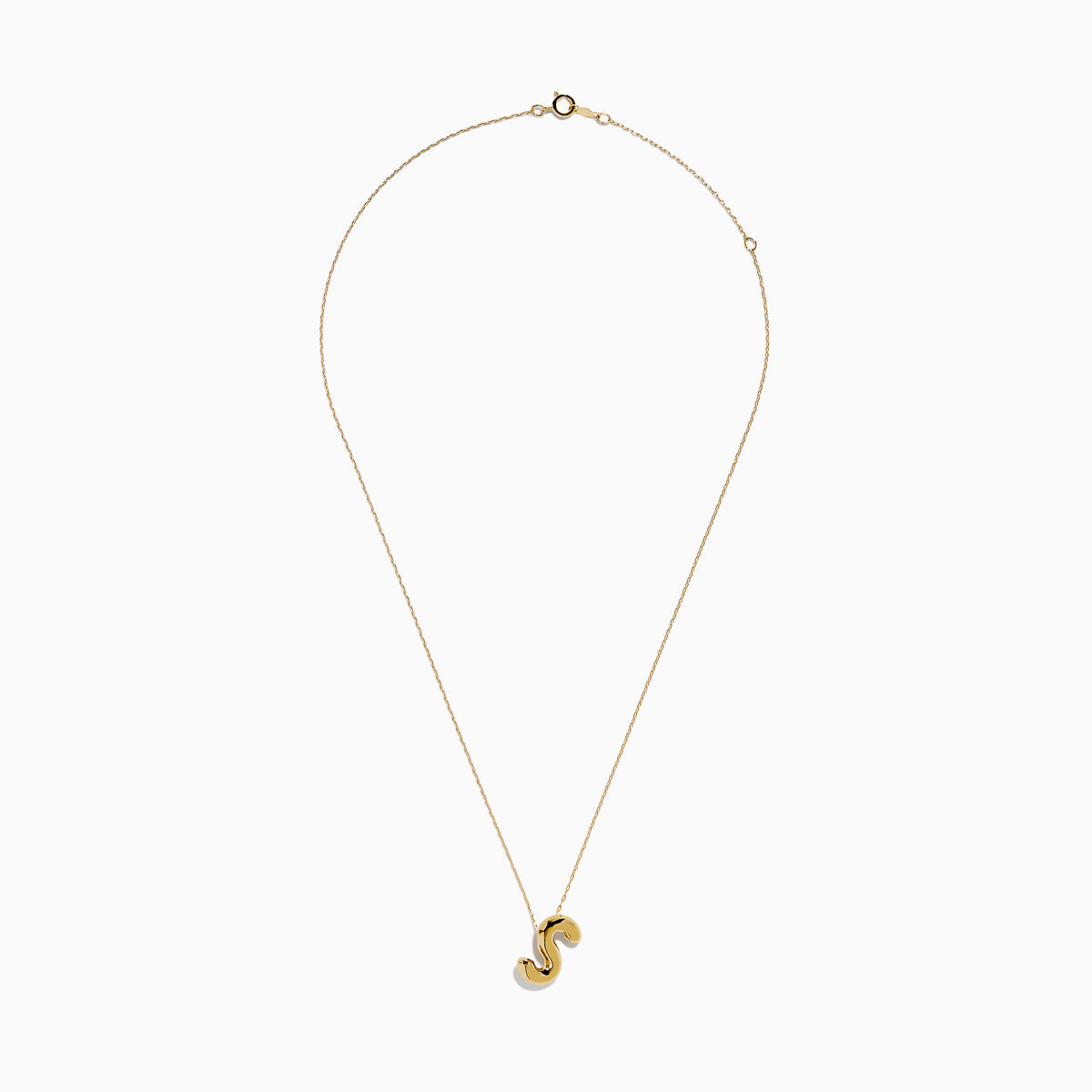 A delicate 14K yellow gold necklace featuring the S Bubble Pendant, sculpted with a shiny finish.