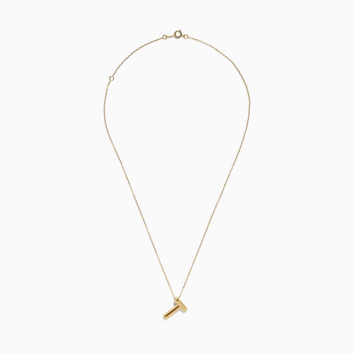 A 14K yellow gold chain necklace featuring a polished Initial T Bubble Pendant, shown on a plain white background.