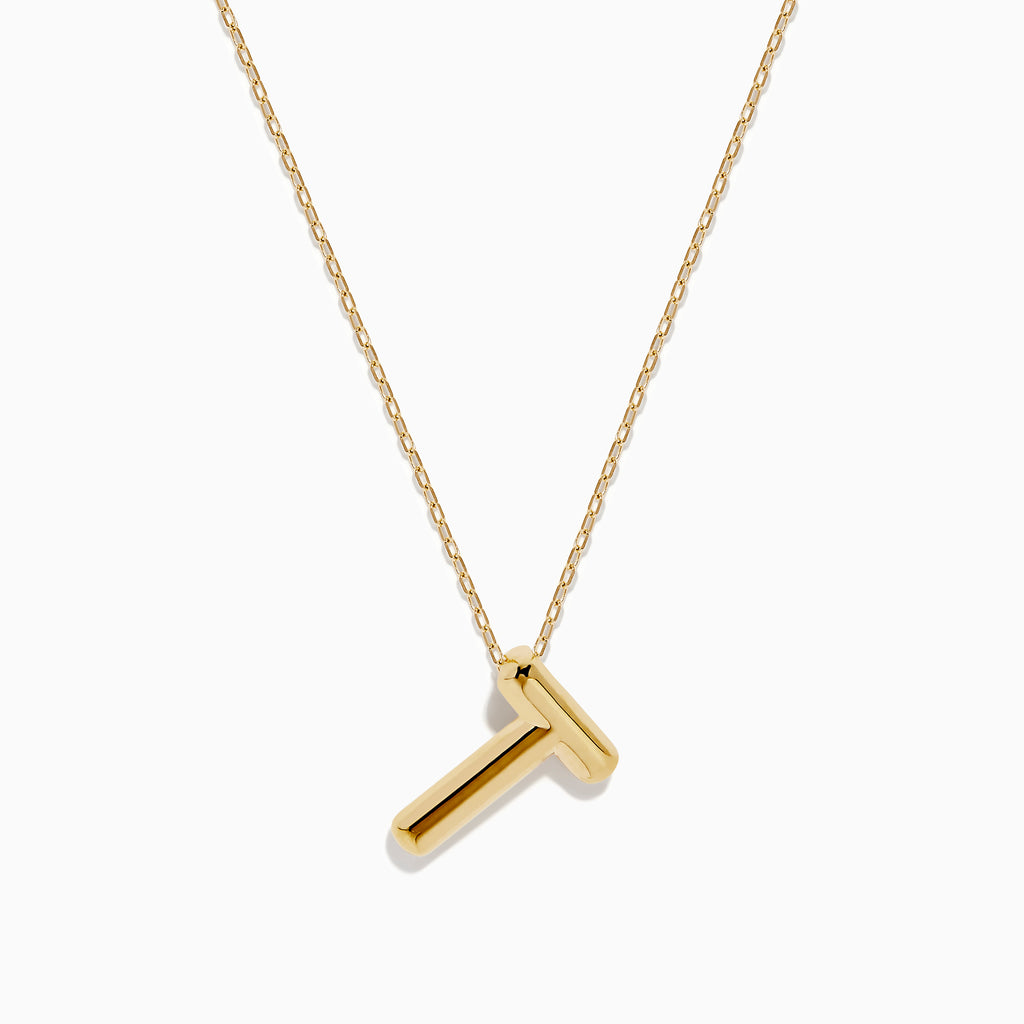 A 14K yellow gold chain necklace featuring a polished Initial T Bubble Pendant, shown on a plain white background.