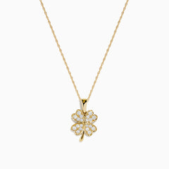 The DOro 14K Yellow Gold Diamond Clover Pendant is a delicate necklace featuring a sparkling diamond-encrusted clover pendant, shown on a plain white background.