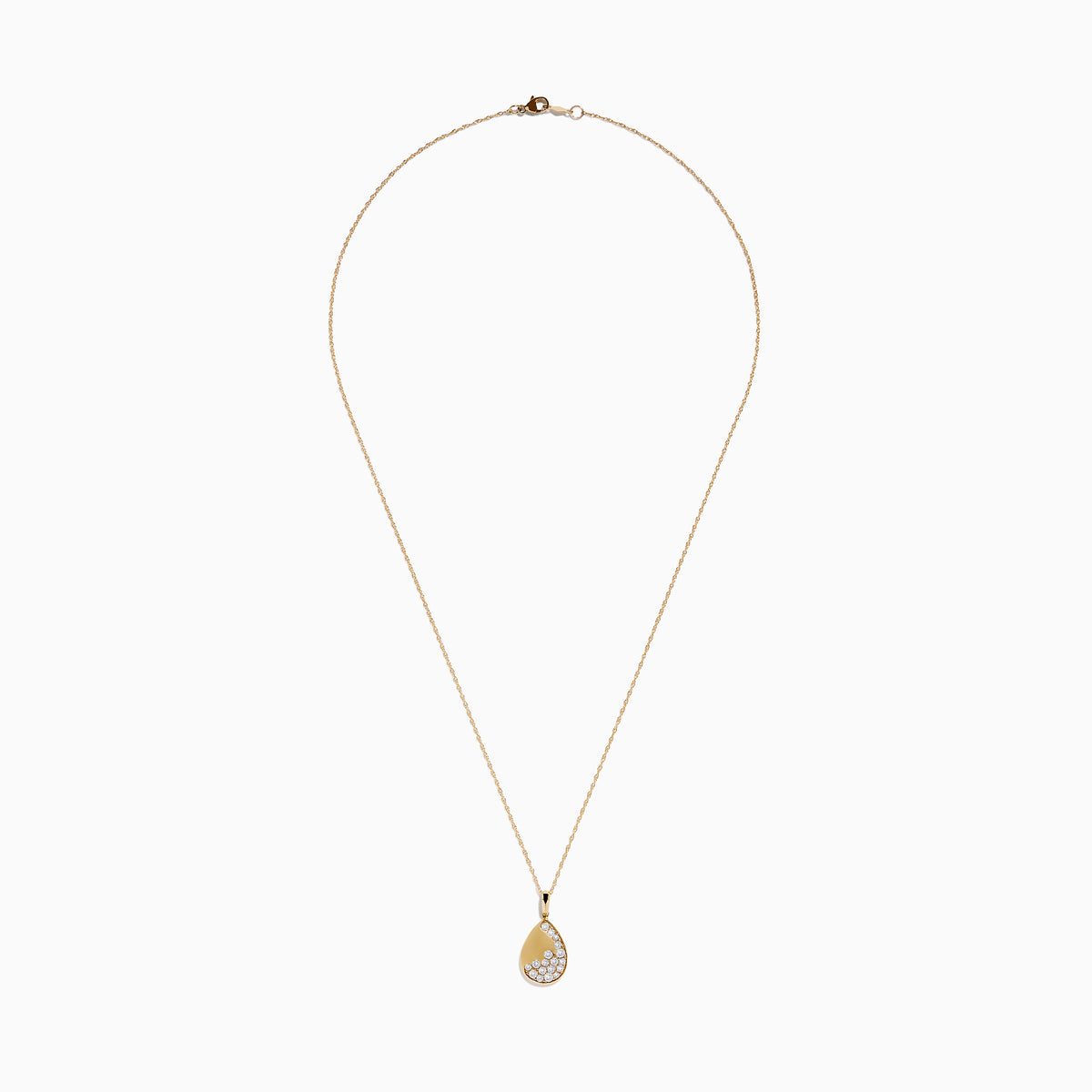 The 14K Yellow Gold Scattered Diamond Pendant features a teardrop-shaped diamond pendant partially encrusted with scattered diamonds, suspended from a delicate gold chain against a white background.