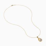 The 14K Yellow Gold Scattered Diamond Pendant features a teardrop-shaped diamond pendant partially encrusted with scattered diamonds, suspended from a delicate gold chain against a white background.