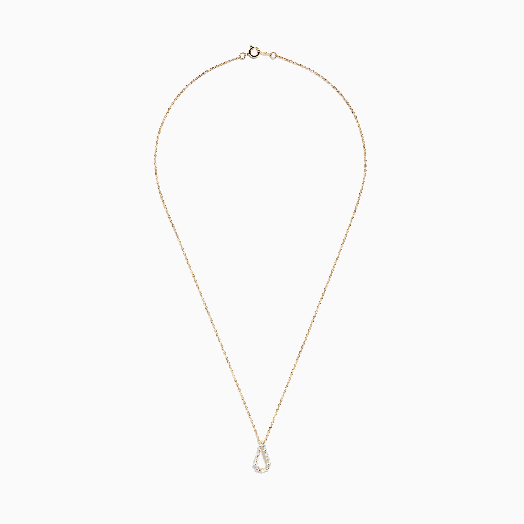 The DOro 14K Yellow Gold Diamond Pendant features a teardrop-shaped diamond accented with sparkling white stones, hanging on a delicate gold chain and set against a plain white background.