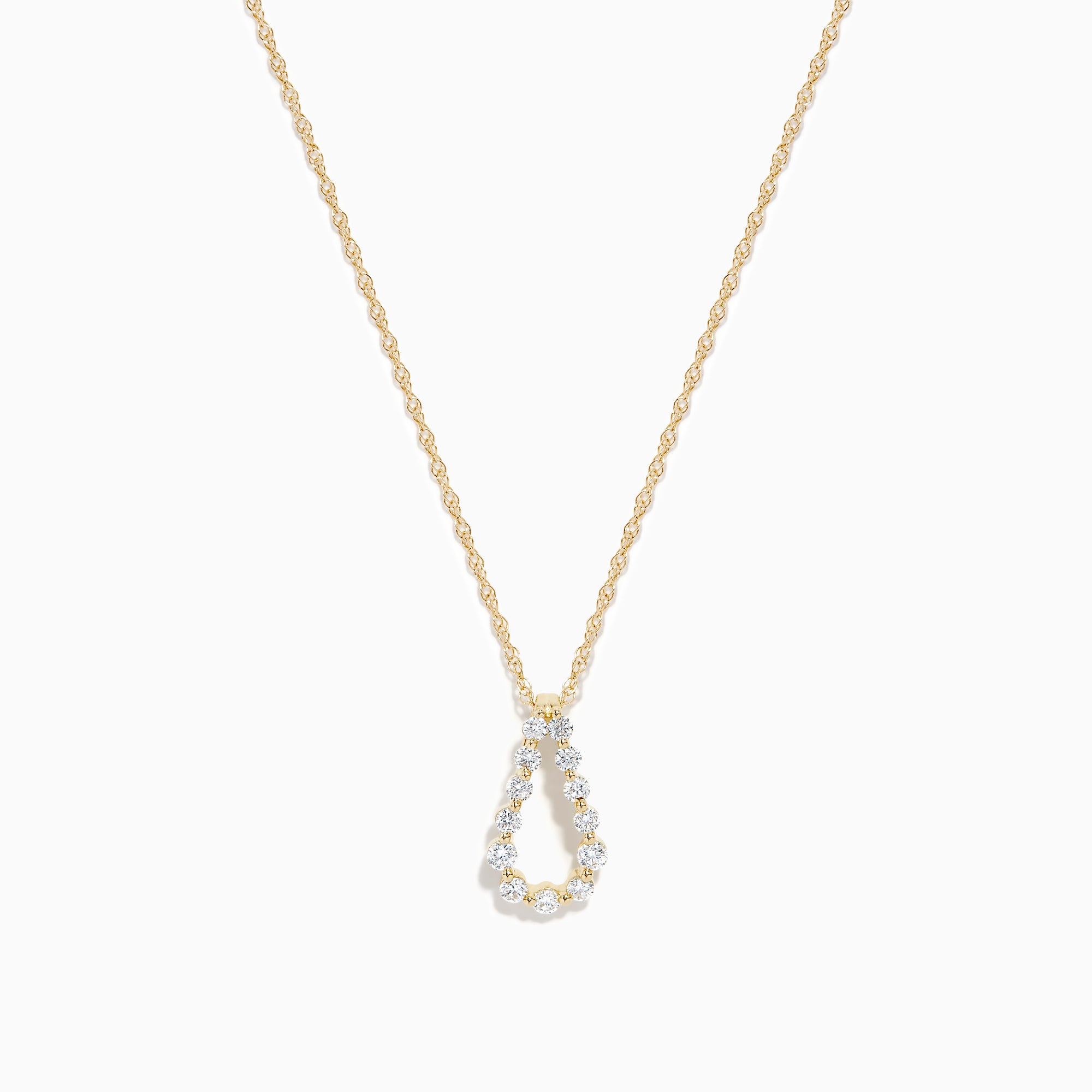 The DOro 14K Yellow Gold Diamond Pendant features a teardrop-shaped diamond accented with sparkling white stones, hanging on a delicate gold chain and set against a plain white background.
