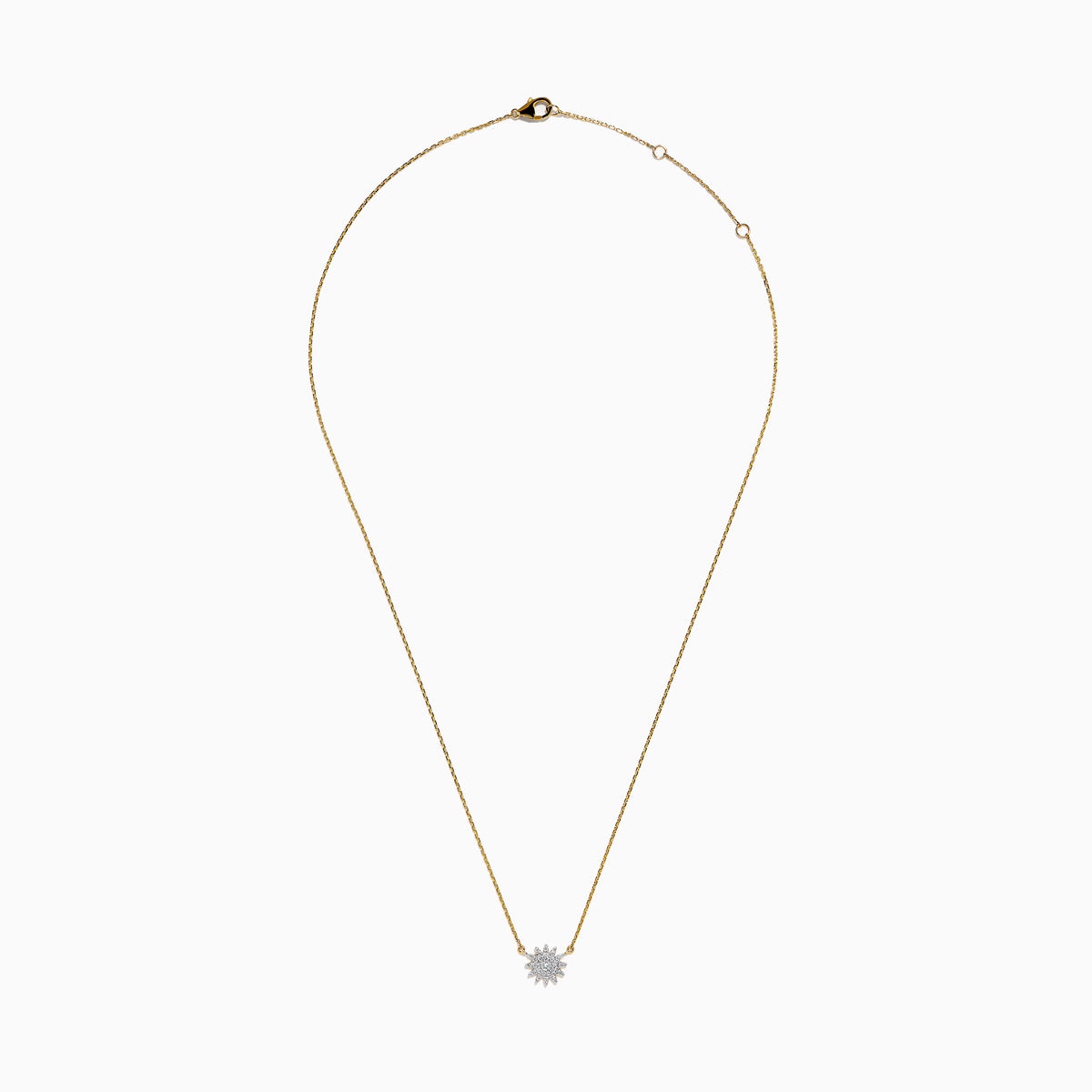 The D'Oro 14K Yellow Gold Diamond Sunburst Collarbone Necklace showcases a sun-shaped pendant adorned with sparkling white diamonds, elegantly displayed on a plain white background.